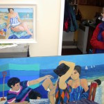 Claudia Williams with her paintings, Tenby, 29 March 2008