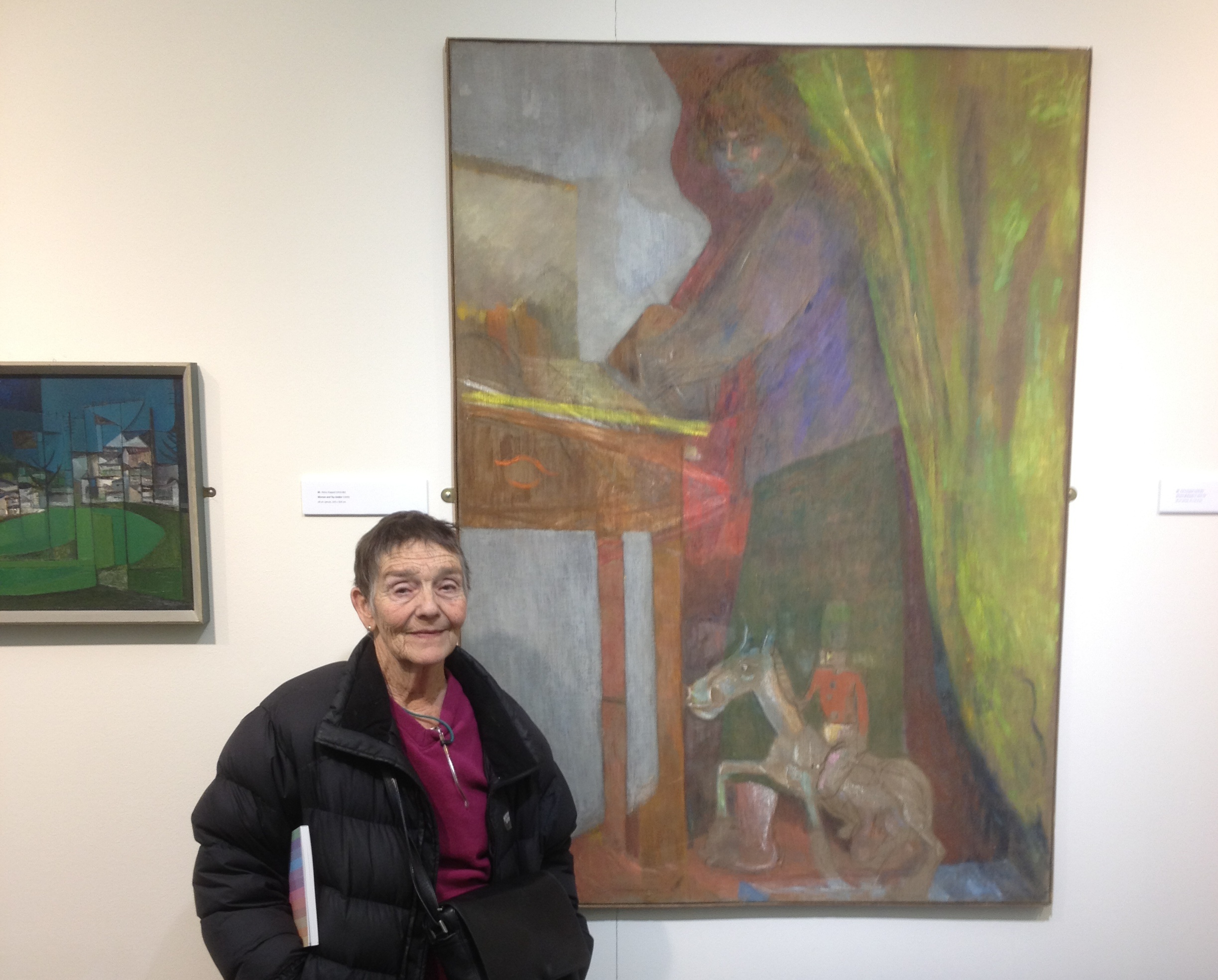 Pip Koppel with paintings by Robert Hunter and Heinz Koppel, '56 Group - Then' exhibition, Oriel y Bont (February 2013)