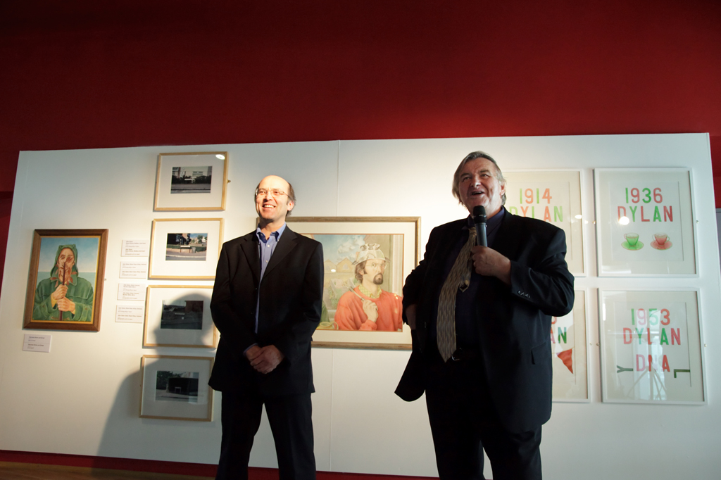 Ceri Thomas with Peter Stead at the opening of 'Placing Dylan', National Waterfront Museum Swansea, 2014