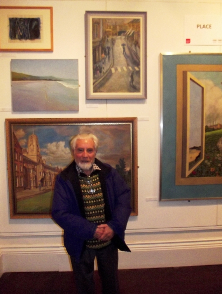 Gwyn Evans with his zebra crossing painting, Oriel y Bont 4 March 2014