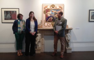 Cecile Maisonneuve, Charlotte Bolland and Ceri Thomas enjoying Lilian Rathmell's fireplace piece 'Souvenir' (1971), Oriel y Bont 11 July 2015