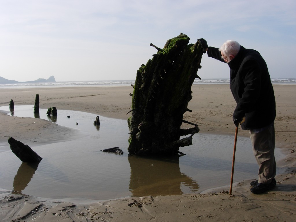 Michael Freeman with his inspiration, the wreck of the 'Helvetia', Rhossili, Gower 2011