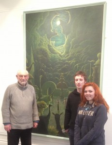 Ron Lawrence with his painting 'Adam and Eve' and two University of South Wales art students, Oriel y Bont, 2013