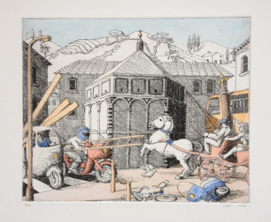 'Battle of Florence' etching and watercolour on paper (1990)