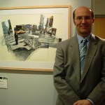 Ceri Thomas with one of his New York photocollage and watercolour pictures, March 2011